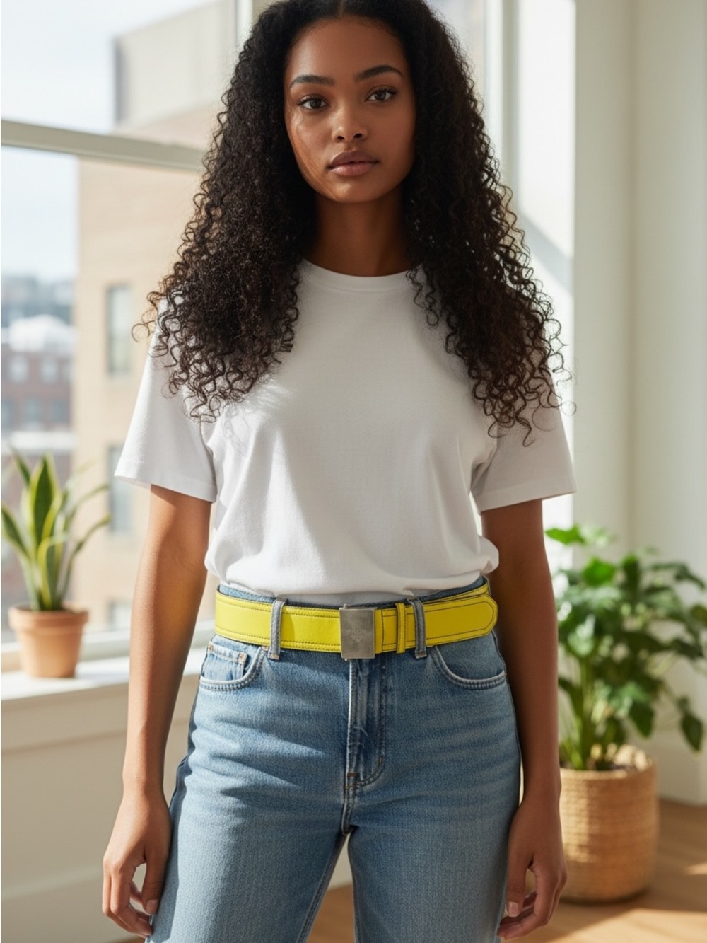 Prada Bright Yellow Canvas Belt with Silver Buckle